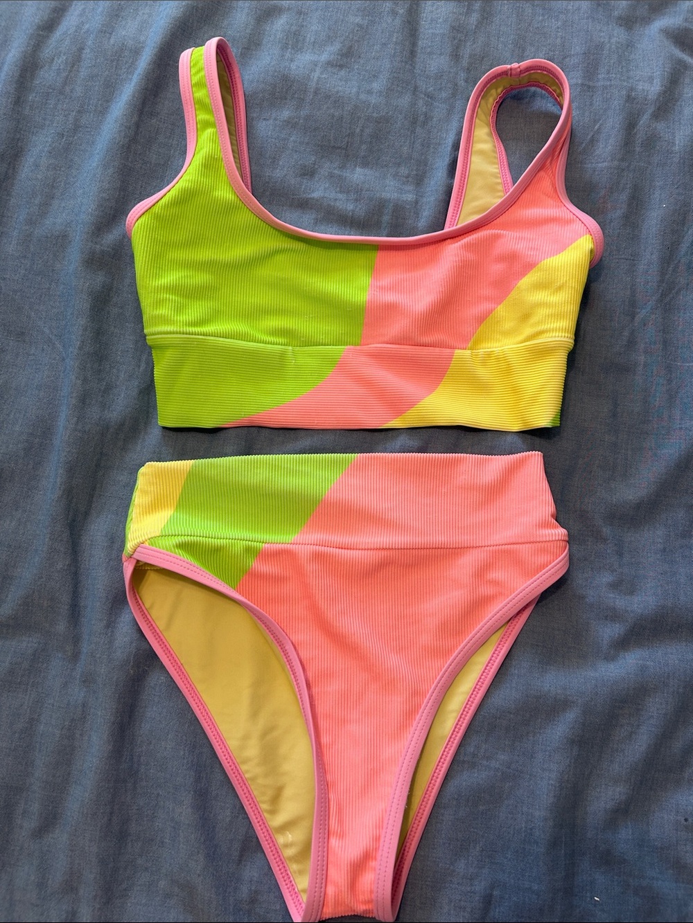LainSnow Neon Green Pink Yellow Colorblock Ribbed Bikini Set